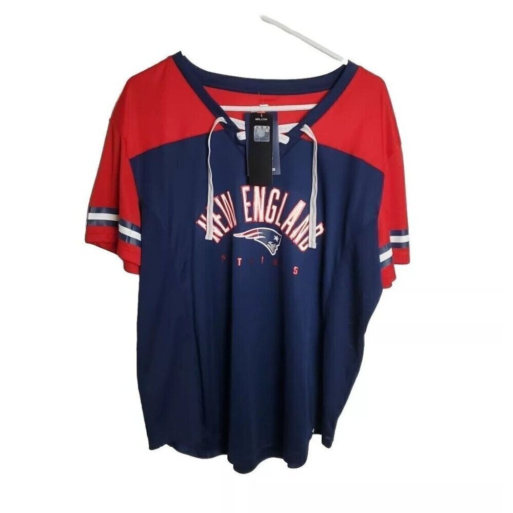 Fanatics Patriots Athena Top Womens XL Lace Up Jersey Metallic Blue Red Sporty‎